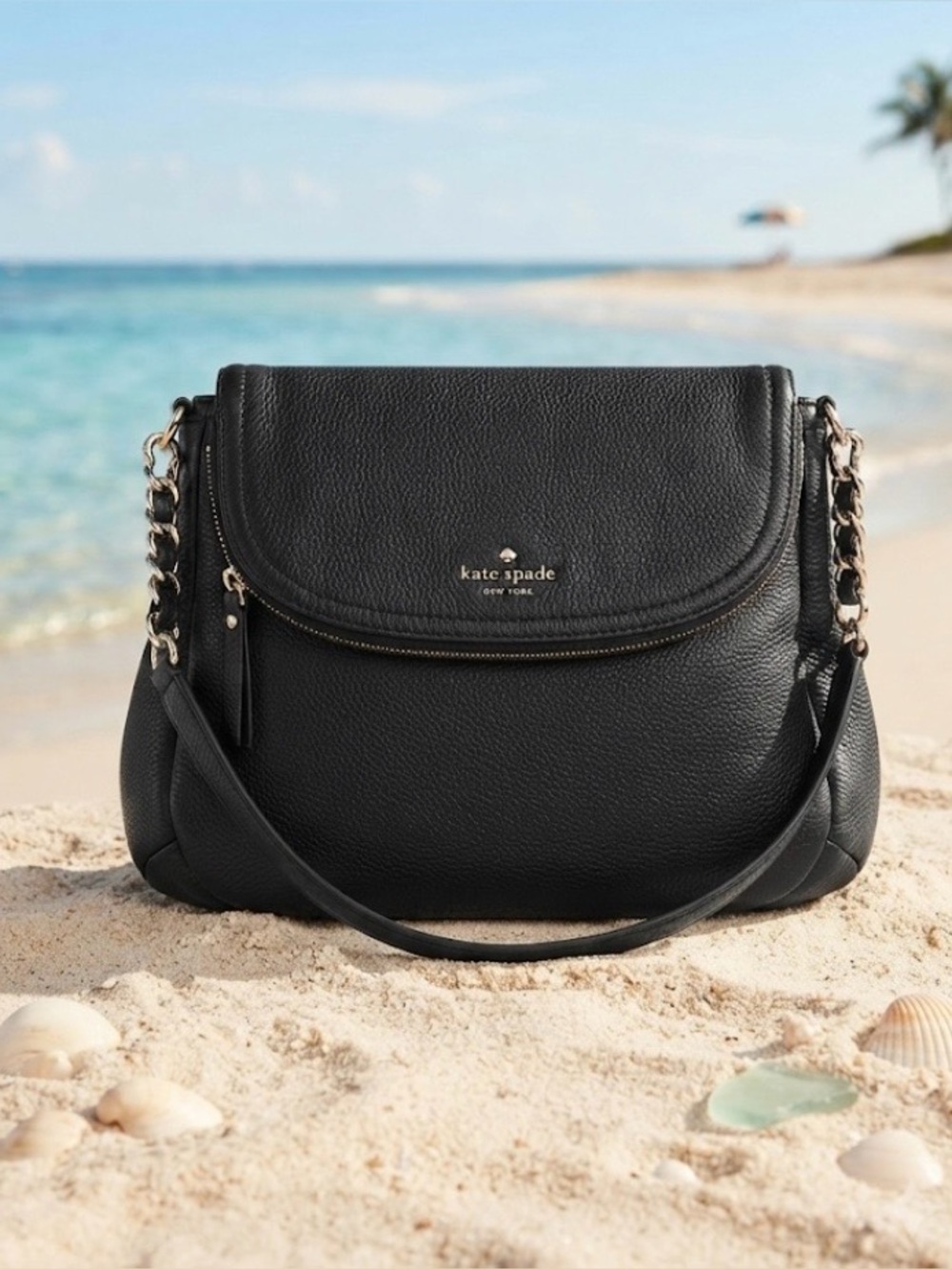kate spade Black Pebbled Leather Shoulder Bag with Chain Strap